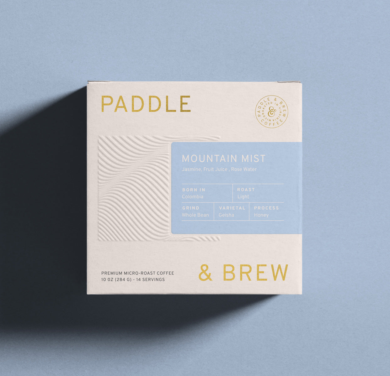 Bag of Mountain mist light roast geisha coffee beans. From Colombia