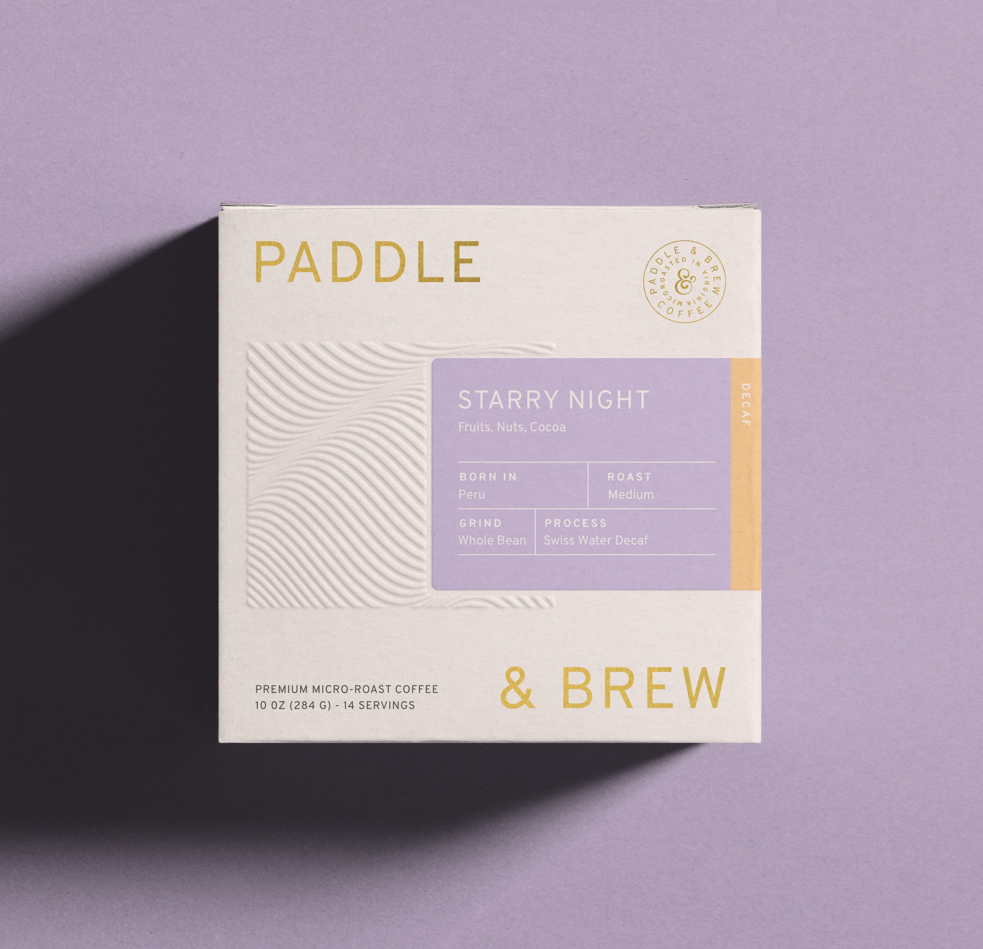 Bag of Starry Night Medium roast, Swiss Water decaf coffee beans from Peru. Chocolaty and Nutty.